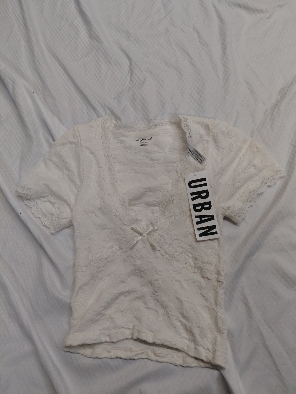 Urban Outfitters White Lace Short Sleeve Top with Bow